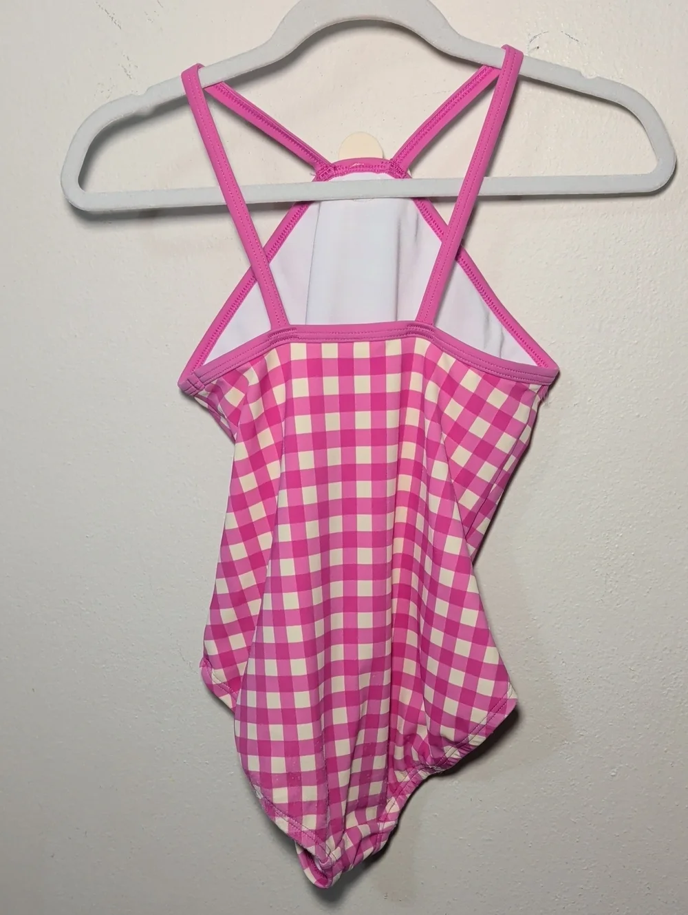 Hanna Anderson Pink + Yellow Gingham One-Piece Swimsuit Floral Detail Girls 6-7
